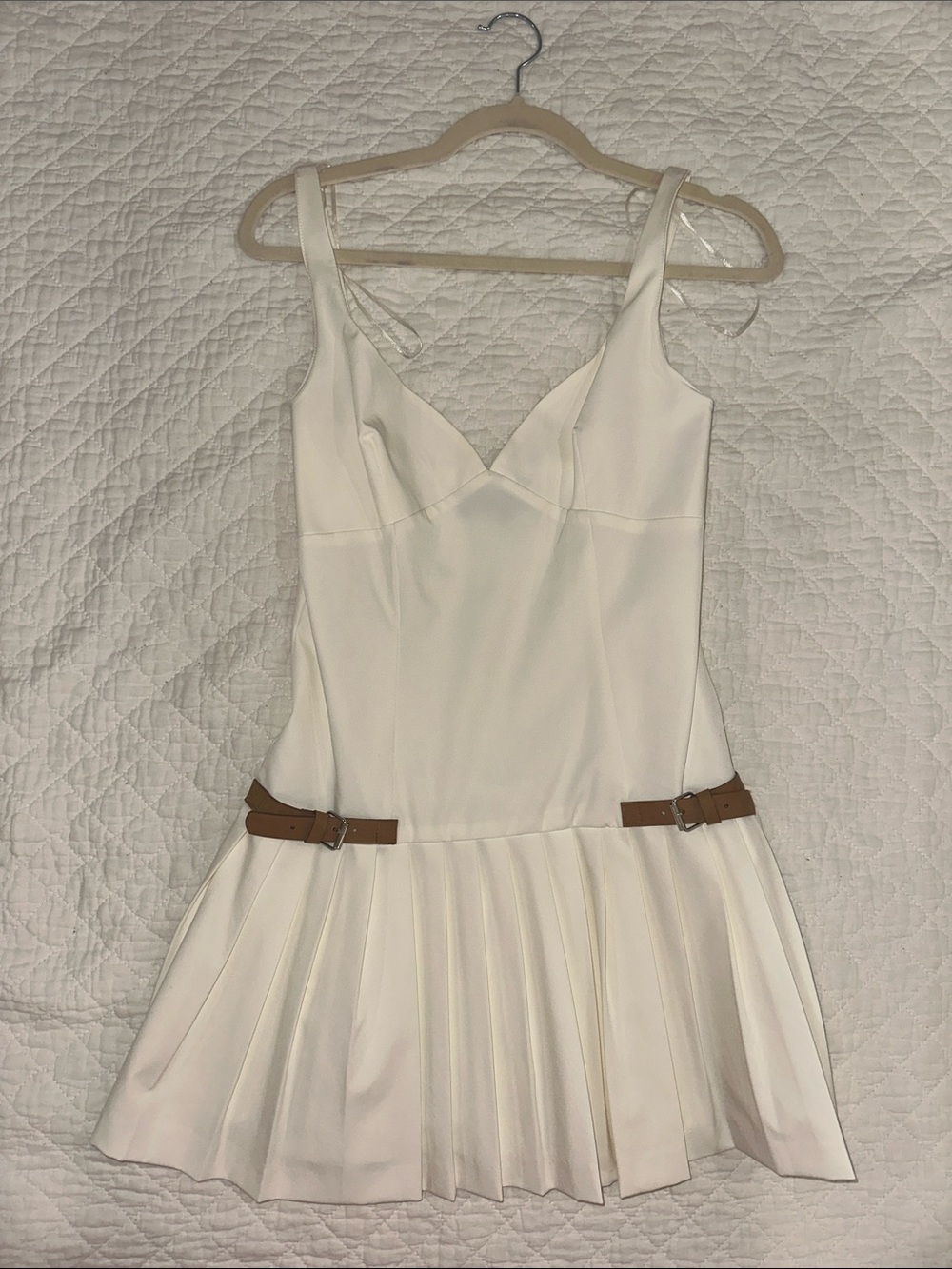 Zara White Pleated Mini Dress with Brown Belt Detail